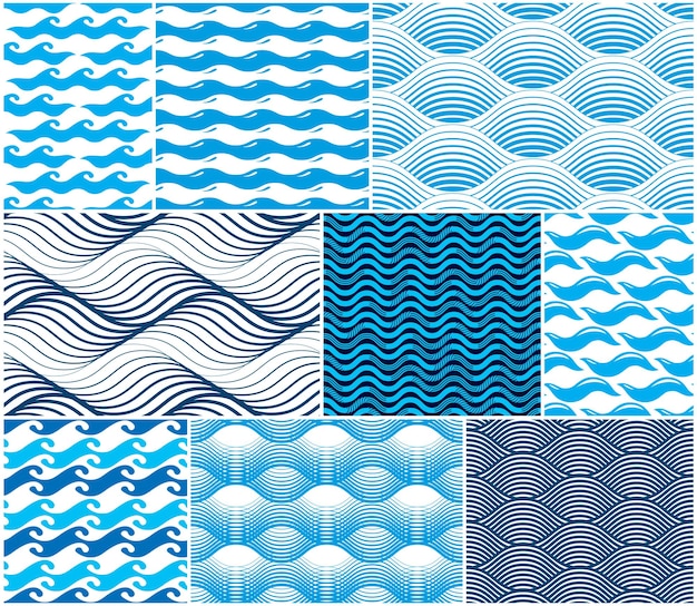Modèle sans couture de vagues, lignes de courbe d'eau vectorielles abstraites répéter fond sans fin, vagues rythmiques de couleur bleue.
