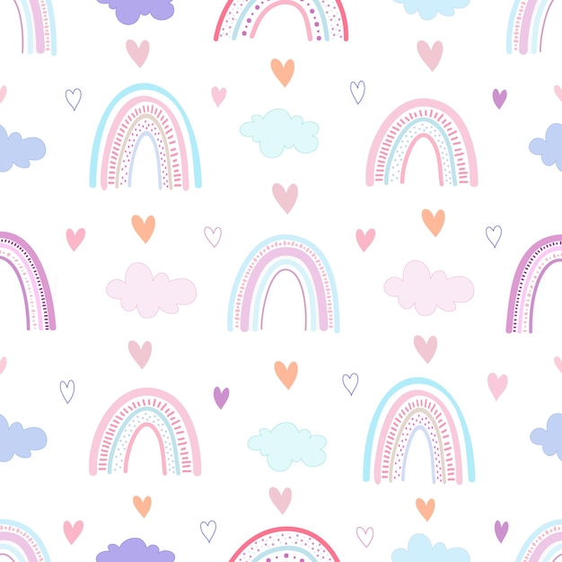 Modèle sans couture de vecteur avec des arcs-en-ciel multicolores, des nuages et des coeurs sur fond blanc