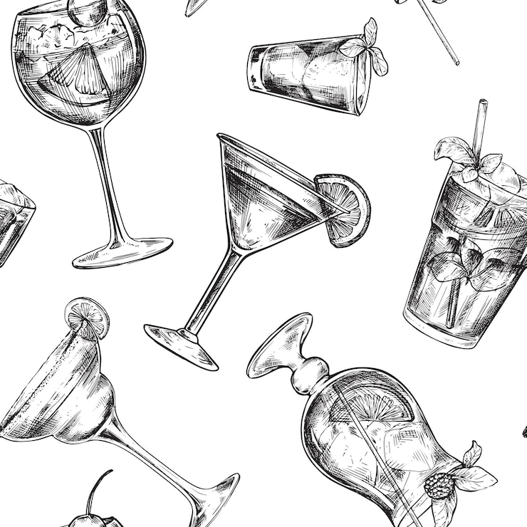 Vecteur modèle sans couture de vecteur avec des cocktails dessinés à la main dans le style de croquis