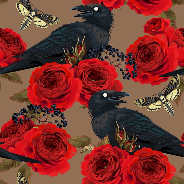 Modèle Sans Couture De Vecteur Avec Corbeau, Sphinx Tête De Mort Et Roses Rouges