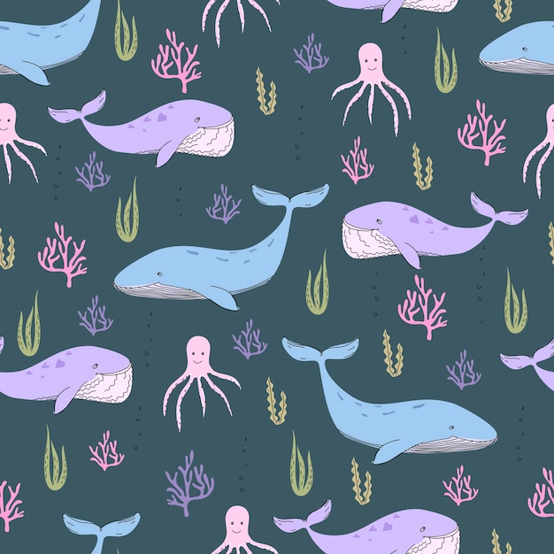 Modèle Sans Couture De Vecteur Dans Un Style Doodle Avec Des Animaux Marins Et Des Algues En Style Cartoon