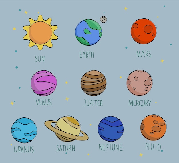 Modèle Sans Couture De Vecteur Dessiné à La Main Avec Le Soleil, La Terre, Le Système Solaire, Les Planètes, La Lune, Mars Et Vénus. Ornement Cosmique Sur Le Fond Sombre.