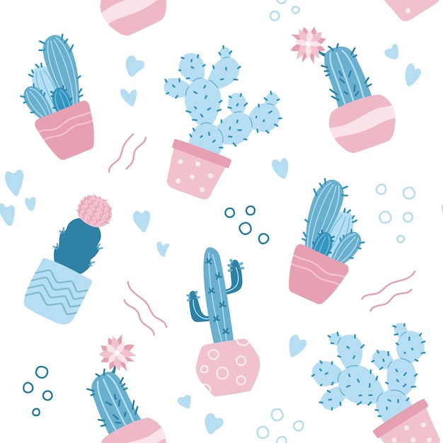 Modèle sans couture de vecteur avec différents cactus dans des pots de fleurs Illustration vectorielle