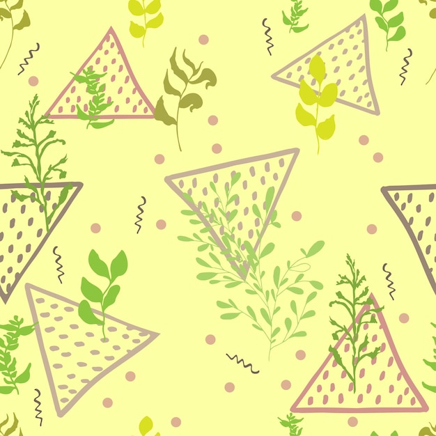 Modèle Sans Couture De Vecteur De Feuilles De Branches Et De Triangles Abstraits Zigzags Avec Des Pointscontexte Pour Les Invitations Et Les Cartes De Printemps De Papier Peint De Textile De Tissu Couleurs Vertes Naturelles