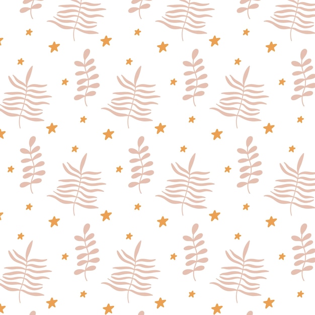 Modèle Sans Couture De Vecteur Avec Des Feuilles Pastel Dans Le Style Boho Modèle Dessiné à La Main Pour Enfants Avec Des Feuilles Et Des étoiles Style Boho Pour Enfants Illustration Vectorielle