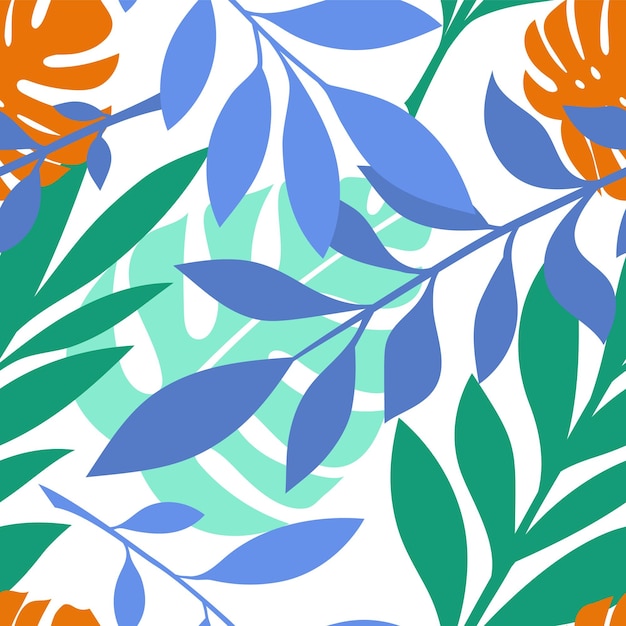 Modèle sans couture de vecteur avec des feuilles tropicales palmier monstera jungle dans des couleurs bleu vert orange