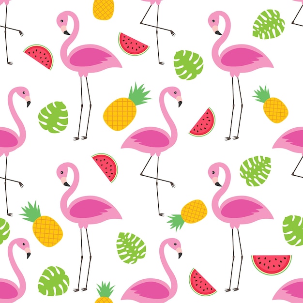 Vecteur modèle sans couture de vecteur avec flamants roses ananas et pastèques