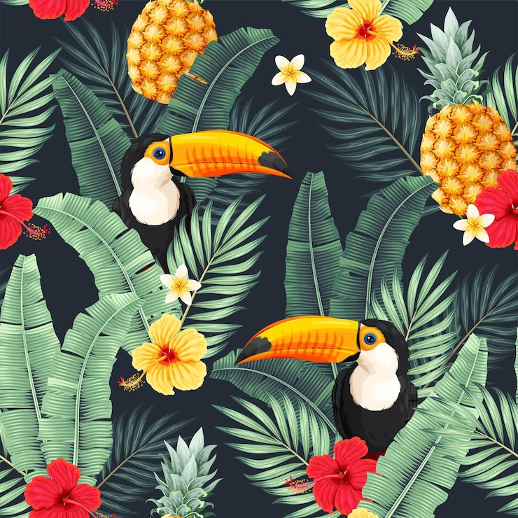 Vecteur modèle sans couture de vecteur avec fleurs et toucan