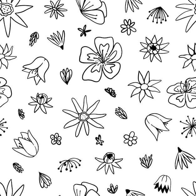 Vecteur modèle sans couture de vecteur floral dessinés à la main. fond avec des fleurs abstraites. ornement de couleurs noires dans le style de griffonnages. conception botanique pour textile, tissu, papier peint, décor, emballage.