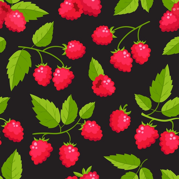 Modèle Sans Couture De Vecteur Avec Des Framboises De Dessin Animé Avec Des Feuilles Vertes