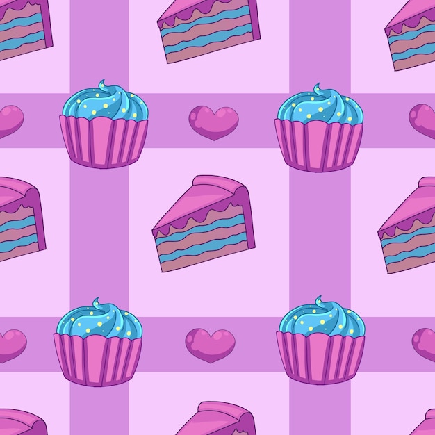 Vecteur modèle sans couture de vecteur avec un morceau de gâteau, cupcake et coeur. des bonbons mignons et romantiques pour la saint-valentin