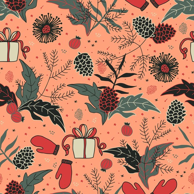 Modèle sans couture de vecteur de Noël et du nouvel an branches d'épinette cônes de pin poinsettia étoile de Noël feuilles houx baies de houx cadeaux et mitaines pour l'emballage et les cartes postales