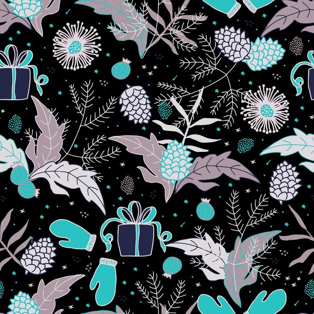 Modèle sans couture de vecteur de Noël et du nouvel an branches d'épinette cônes de pin poinsettia étoile de Noël feuilles houx baies de houx cadeaux et mitaines pour l'emballage et les cartes postales