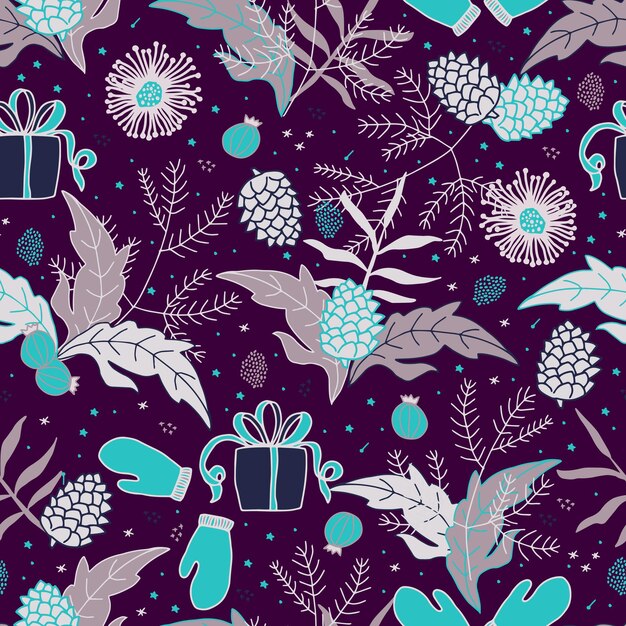 Modèle sans couture de vecteur de Noël et du nouvel an branches d'épinette cônes de pin poinsettia étoile de Noël feuilles houx baies de houx cadeaux et mitaines pour l'emballage et les cartes postales