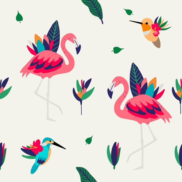 Modèle sans couture de vecteur avec des oiseaux et des plantes exotiques de flamants roses Design pour papier peint en tissu