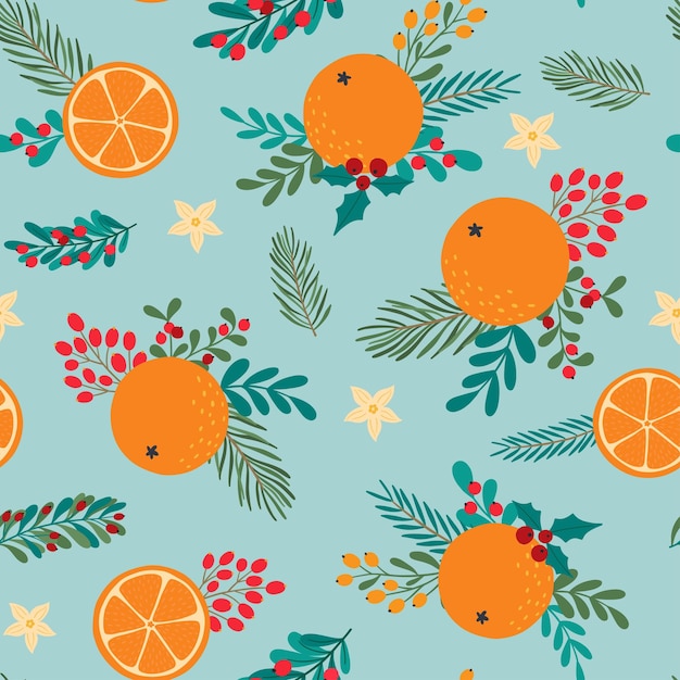 Modèle Sans Couture De Vecteur Avec Des Plantes D'hiver Et Des Oranges. Fond De Noël Et Bonne Année