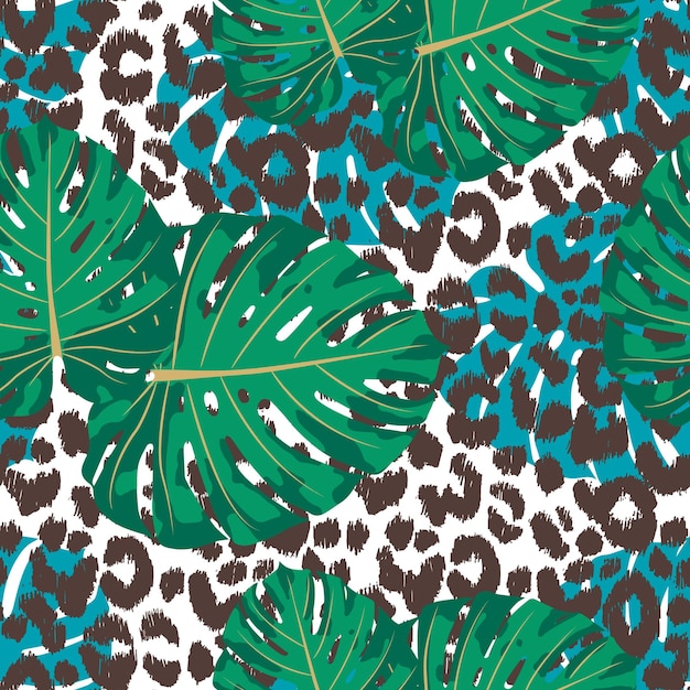 Vecteur modèle sans couture de vecteur avec texture gepard et feuilles de jungle exotiques dans des couleurs à la mode.
