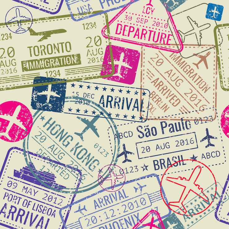 Vecteur modèle sans couture de vecteur avec des timbres de visa de passeport