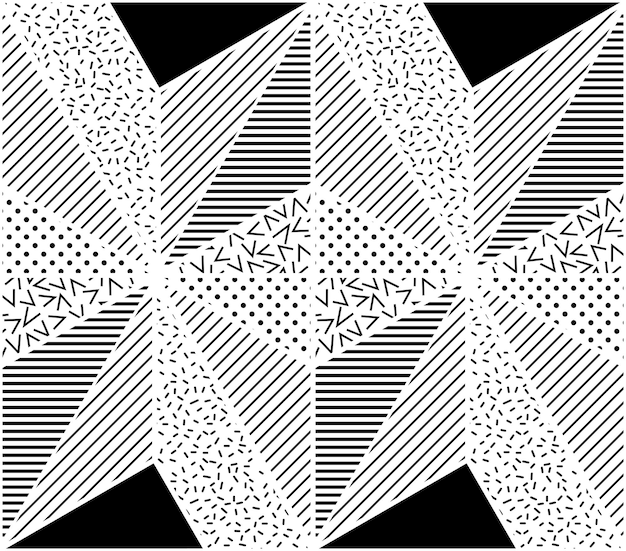 Vecteur modèle sans couture de vecteur. triangle linéaire pointillé noir et blanc géométrique abstrait, carreaux élégants avec différents ornements, illustration rétro. fond simple de losange perforé