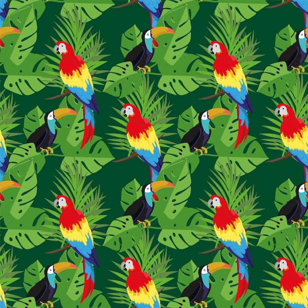 Modèle Sans Couture Avec Verdure Tropicale Et Oiseaux Exotiques.