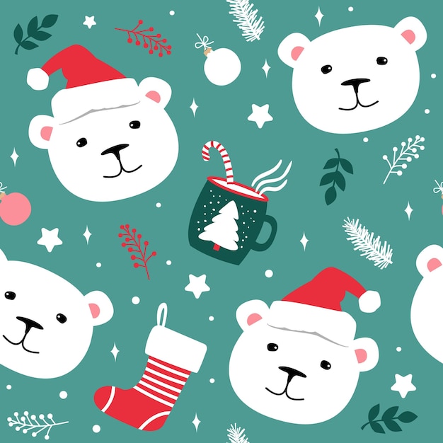 Modèle Sans Couture Vert D'ours Polaires Et D'éléments De Noël Illustration Vectorielle Mignonne Pour Les Enfants