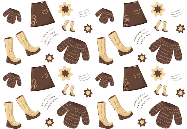 Modèle Sans Couture Avec Des Vêtements Chauds Bottes Jupe Veste Marron Beige Illustration Vectorielle