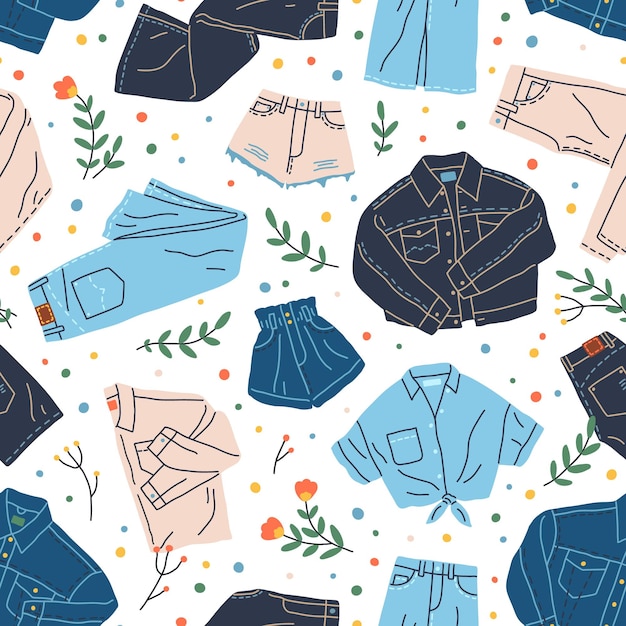 Modèle sans couture avec des vêtements en denim. Arrière-plan répétitif sans fin avec des vêtements de jeans de mode. Conception de texture avec des vêtements modernes, des pantalons, des vestes et des shorts. Illustration vectorielle plane pour l'impression.