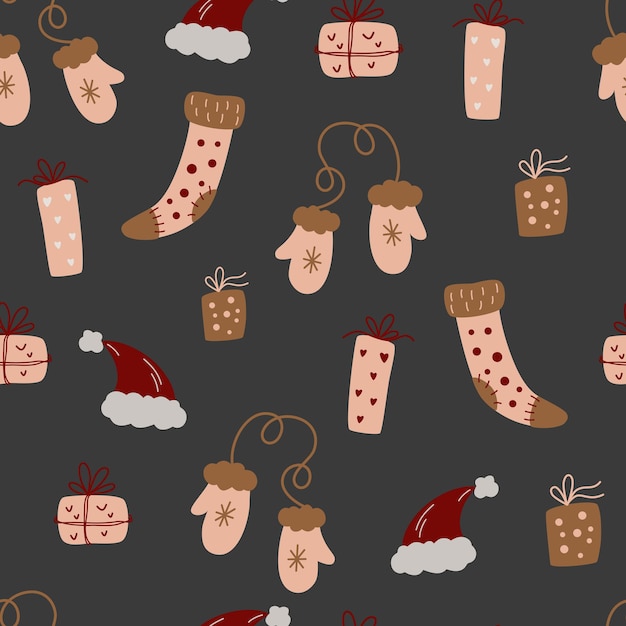 Modèle sans couture de vêtements d'hiver. Mitaines, écharpe, chaussettes, chapeau et cadeaux. Joyeux Noel et bonne année. Texture vectorielle pour l'emballage des vêtements de papier peint en tissu textile.