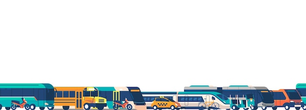 Vecteur modèle sans couture vibrant avec une gamme de bus de transports publics trains taxis et tramways conception répétée capturant l'essence dynamique des voyages urbains bordure de papier peint horizontal de vecteur de dessin animé