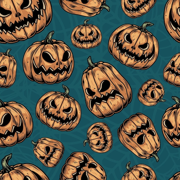 Modèle sans couture vintage coloré d'Halloween avec des citrouilles avec des visages effrayants sculptés
