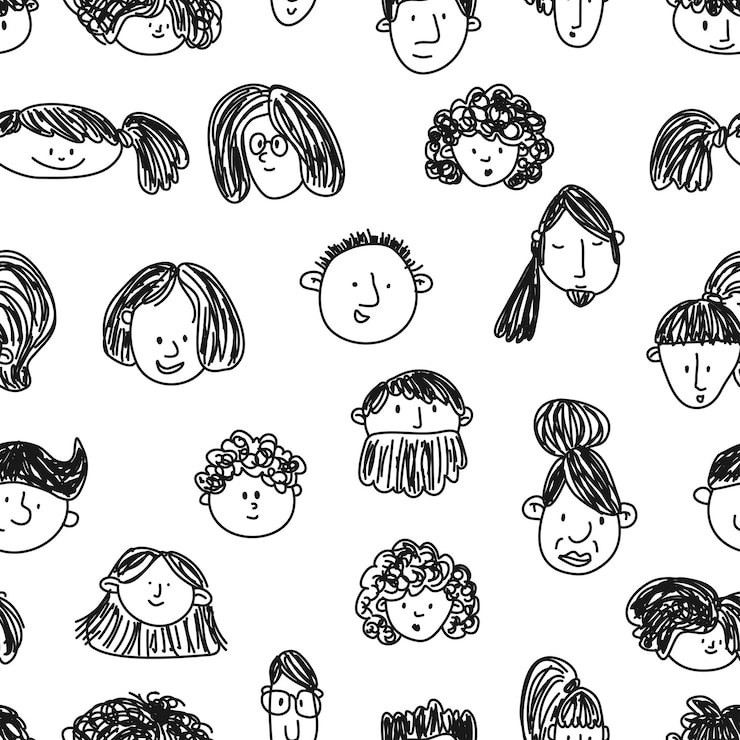 Vecteur modèle sans couture avec les visages des peuples noir et blanc croquis dessin à la main style doodle dessin au trait différents hommes et femmes personnages de dessins animés illustration vectorielle