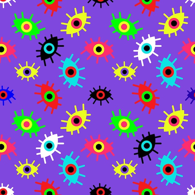 Modèle sans couture d'yeux abstraits multicolores sur une illustration vectorielle de fond violet