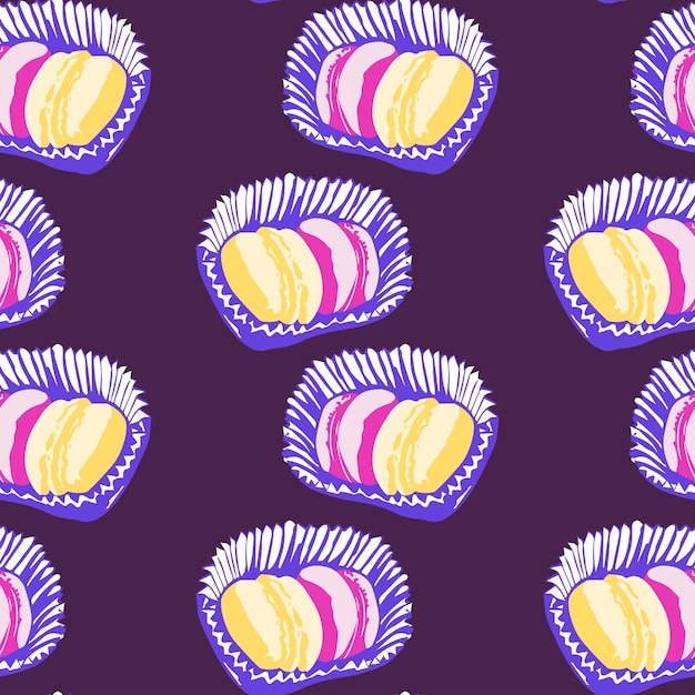 Vecteur modèle sans fin sans couture avec macarons sur fond violet bonbons français macarons colorés