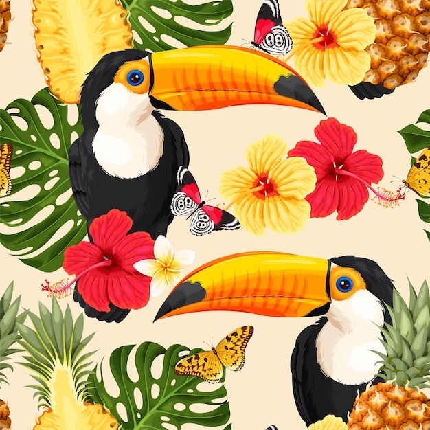 Modèle Seamless Vector Avec Fleurs Tropicales Et Toucan