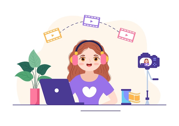 Modèle de services de vidéaste Illustration de dessin animé dessiné à la main avec un film de production vidéo d'enregistrement