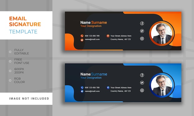 Vecteur modèle de signature d'e-mail noir moderne ou pied de page d'e-mail et ensemble de conception de couverture de médias sociaux personnels