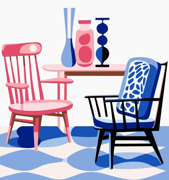 Vecteur modèle simple avec des chaises et des vases sur blanc dans le style de l'animateur fauviste rose foncé et bleu