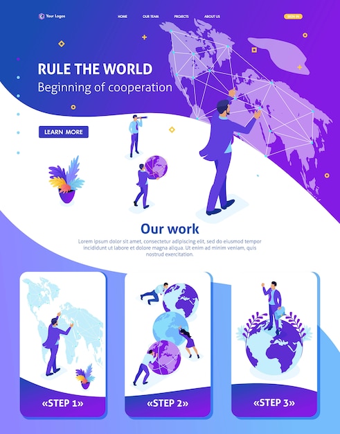 Modèle de site Web isométrique Page de destination Grand homme d'affaires dirigeant le monde, carte du monde
