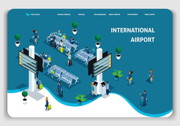 Modèle de site Web Page de destination Concept isométrique Aéroport international, Passagers dans le salon, voyage d'affaires. Facile à modifier et à personnaliser.