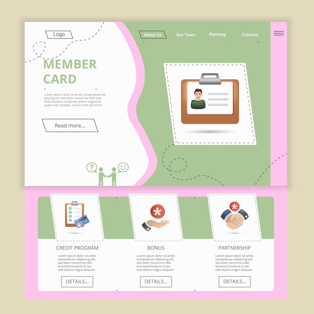 Modèle de site Web de page de destination plate de carte de membre bannière Web de partenariat de bonus de carte de crédit avec en-tête