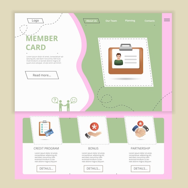 Vecteur modèle de site web de page de destination plate de carte de membre bannière web de partenariat de bonus de carte de crédit avec en-tête