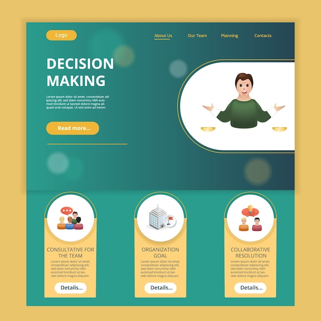 Modèle de site Web de page de destination plate de prise de décision consultatif pour l'objectif d'organisation de l'équipe