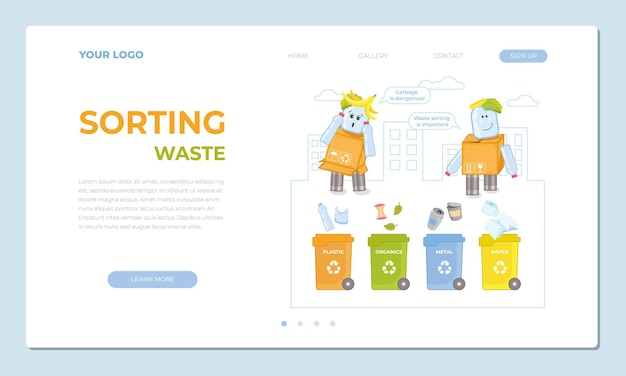 Vecteur modèle de site web de page de destination sur le tri des déchets. concept de tri et de recyclage des déchets, déchets sor