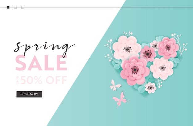 Modèle de site Web de vente de printemps avec des fleurs coupées en papier. Bannière Web d'offre de remise de printemps pour les achats en ligne avec des éléments floraux pour la page de destination, le dépliant, la brochure. Illustration vectorielle