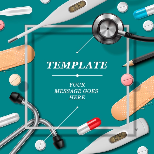 Vecteur modèle de soins de santé et de médecine avec des fournitures médicales image vectorielle