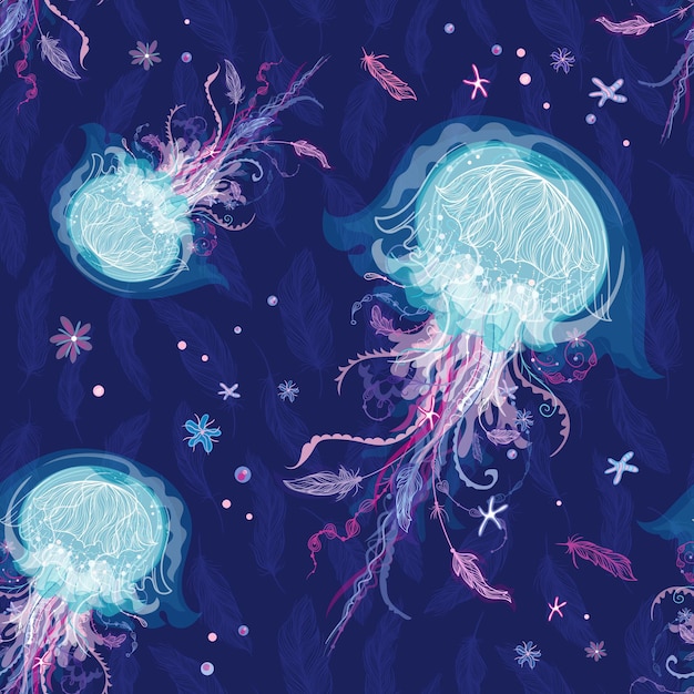 Vecteur modèle de style boho océanique sans couture avec méduse ornementale avec des plumes et des fleurs d'éléments tribaux sur fond bleu