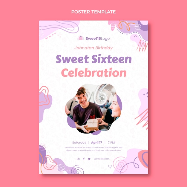 Modèle de sweet 16 design plat dessiné à la main