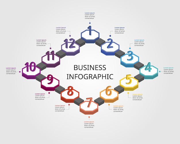 Vecteur modèle de tableau d'étapes octogonal pour l'infographie pour la présentation de la ligne de temps des 12 éléments avec numéro