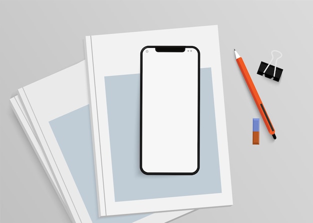modèle de téléphone avec de la papeterie et un magazine sur un fond gris modèle de téléphone vectoriel
