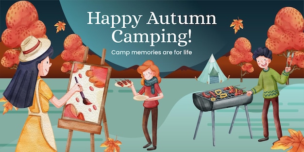 Modèle D'en-tête De Blog Avec Concept De Pique-nique De Camping D'automnestyle Aquarelle